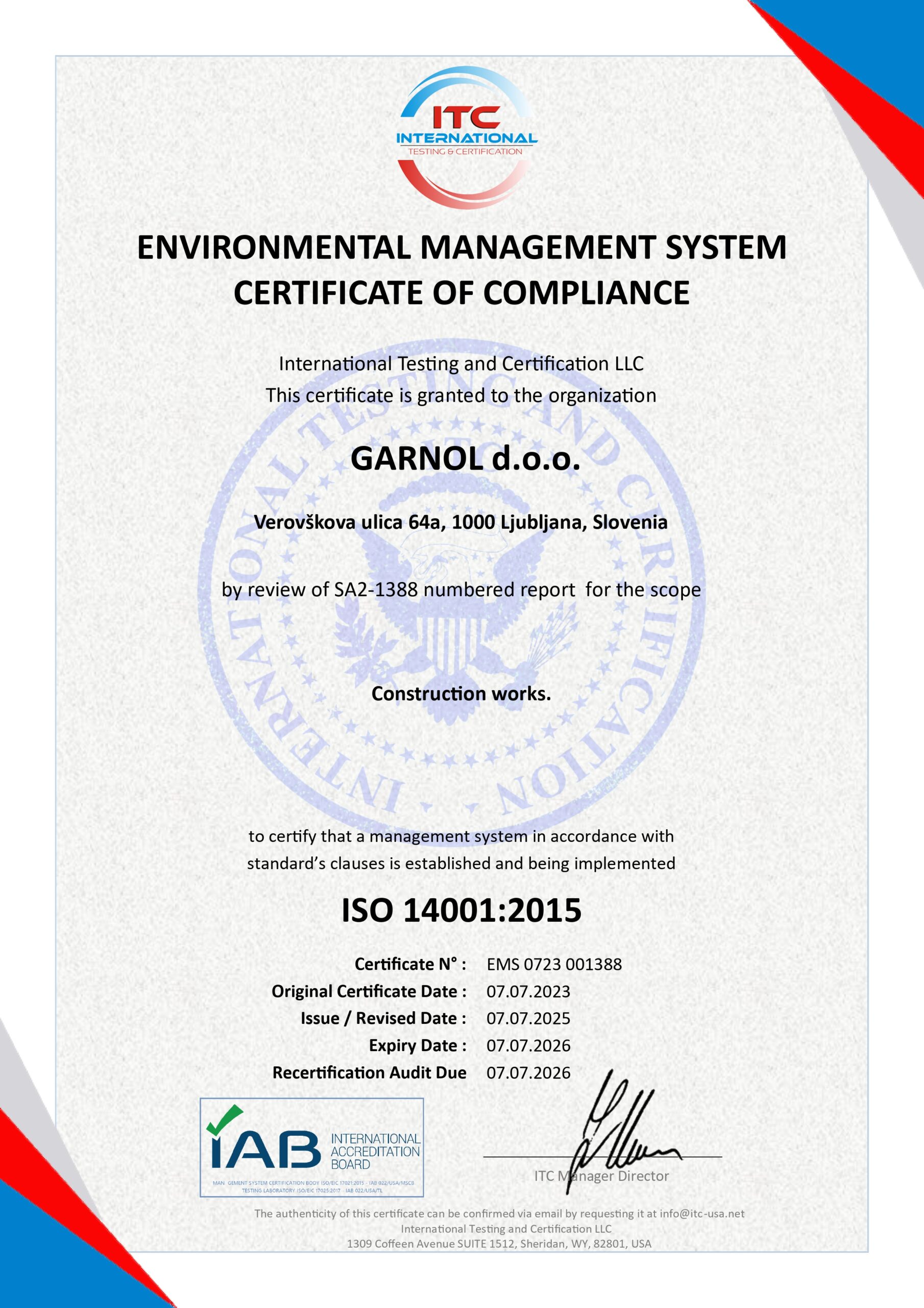ISO 14001:2015 Certificate